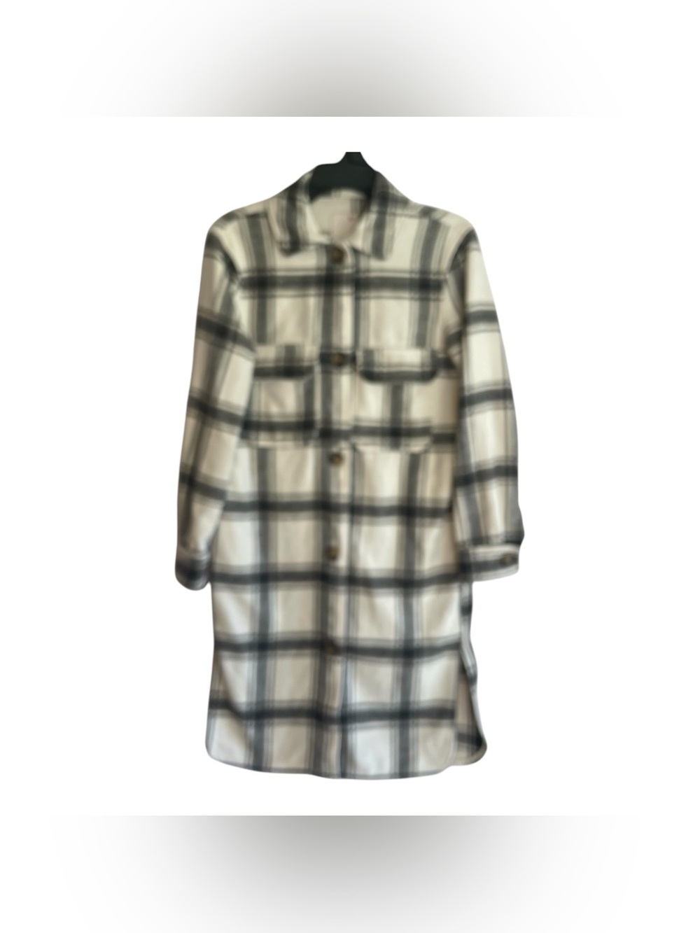 SO Gray/White Plaid Shacket Jacket Button Front Pockets Long Sleeve Women’s S